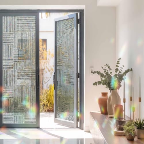 Window Privacy Film Static Cling, Black Modern Striped Decorative Stained Glass Window Film for Floor-to-Ceiling Glass/Large Patio Doors, Grid Line Blocks Farmhouse 29.5 x 118 Inches - Image 3