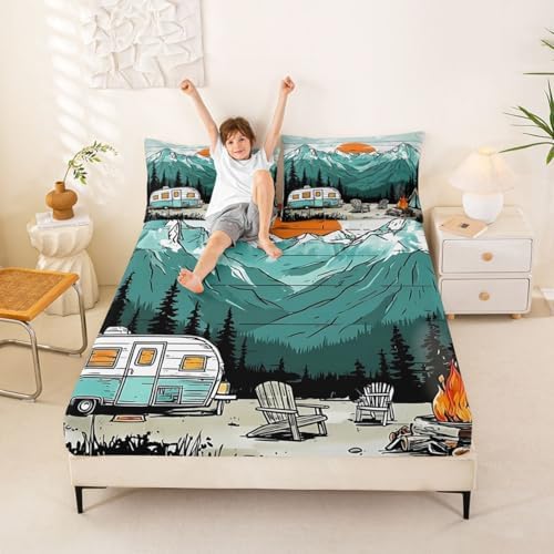Erosebridal RV Camper Queen Fitted Sheet, Rustic Camping Themed Bedding Set for Kids Girls Boys, Mountain Cabin Forest Bed Sheets(No Top Sheet), Outdoor Travel Trailer Room Decor - Image 2