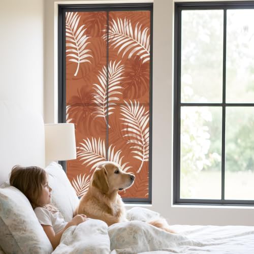 Window Privacy Film Frosted, Burnt Orange Leaves Static Cling Door Window Covering, Middle Century Tropical Monstera UV Blocking Windows Film for Office, Hotel, Bedroom, 29.5 x 78.7 Inches - Image 2