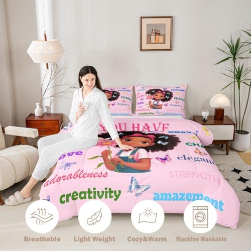 Erosebridal Black Girls Magical Bedding Set Butterflies Inspirational Quotes King Comforter Set African American Comforter Afro Black Princess Girl Duvet Insert for Nursery Kids Pink Room Decor - Image 4