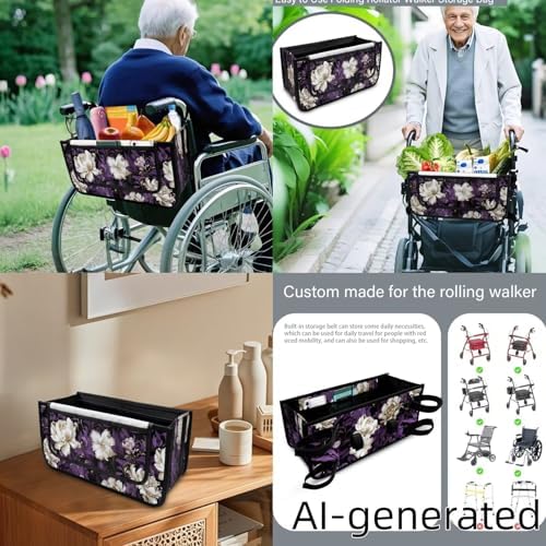 LedBack Mobility Scooter Accessories Sets Walker Seat Rollator Seat Cushion Back Cover for Seniors Purple White Flowers Universal Walker Storage Basket - Image 5