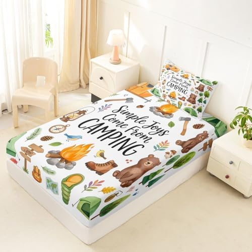 Erosebridal Forest Themed Camping Twin Fitted Sheet for Kids Girls Boys, RV Bunk Camper Outdoor Bedding Sets, Woodland Farmhouse Bear 2-Piece Bed Sheets Set, Travel Trailers Bedroom Decor - Image 4