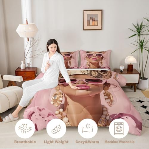 Erosebridal Pink Black Girls King Comforter Set Luxury African American Bedding Set for Girls Women Modern Fashion Woman Room Decor Afro Black Woman Duvet Insert (1 Comforter, 2 Pillowcases) - Image 4