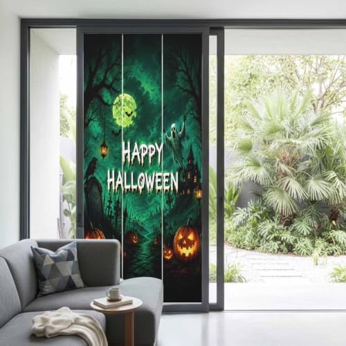 Window Privacy Film Frosted, Halloween Non-Adhesive Static Cling Window Tint, Green Spooky Pumpkin Ghost Moonlight Castle Insulated Windows Frosted Films for Living Room, 35.4 x 78.7 Inches - Image 2