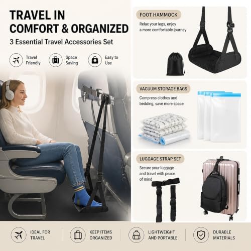 Flight Travel Combo - Plane Seat Footrest - Compression Bags - Strap - Image 3