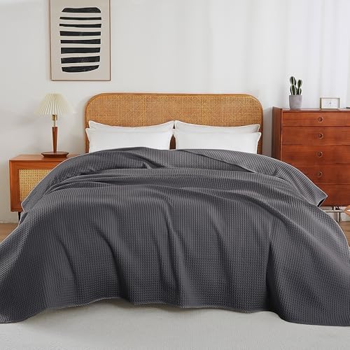 100% Egyptian Cotton Waffle Weave Throw Blanket for Bed Couch Sofa Home Decor, Soft Lightweight Bed & Couch Blanket for All Seasons (Dark Grey - King Size - 104 * 90") - Image 2