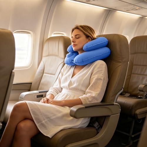 Double-Layer Inflatable Neck Pillow, Press-to-Inflate U-Shaped Pillow, Portable Neck Support for Office Trip Travel, Blue - Image 3