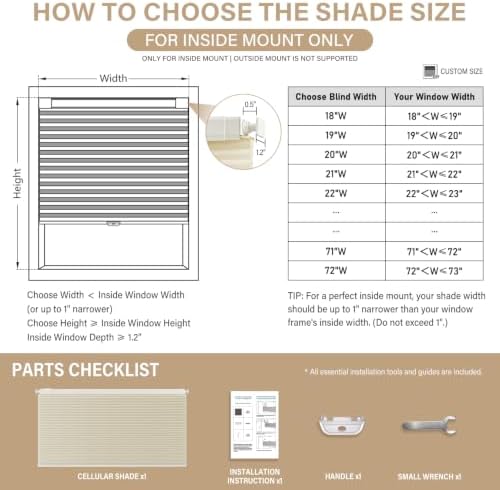 AOSKY No Drill Cordless Light Filtering Cellular Shade 36" W x 64" H Beige - Image 2