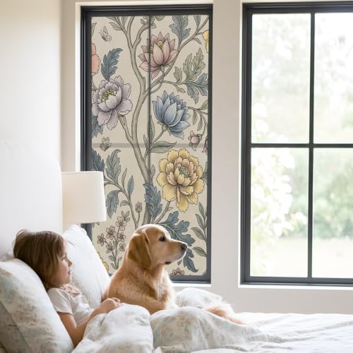 Window Privacy Film Frosted, Vintage Garden Flower Static Cling Door Window Covering, Rustic Floral Leaf Pastoral Beige UV Blocking Windows Film for Office, Hotel, Bedroom, 29.5 x 78.7 Inches - Image 2