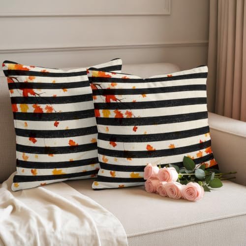 Fall Botanical Waterproof Outdoor Pillow Covers 20''x20'' Set of 2, Autumn Maple Leaf Black Striped Patio Furniture Cushion Covers for Chairs, Decorative Pillow Cases for Garden/Pool/Beach - Image 3