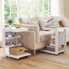 Giantex C-Shaped End Table with Wheels, Set of 2 Wood Rolling Side Table w/Adjustable Desktop, Edge Stopper, Side Pocket & 3 Storage Shelves, Sofa Couch Bedside TV Tray for Living Room Bedroom (White) - Image 2