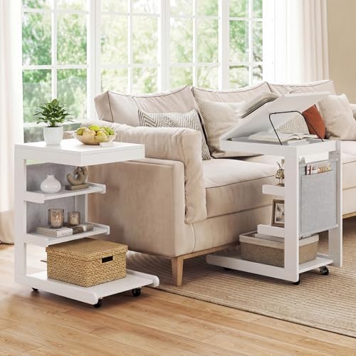 Giantex C-Shaped End Table with Wheels, Set of 2 Wood Rolling Side Table w/Adjustable Desktop, Edge Stopper, Side Pocket & 3 Storage Shelves, Sofa Couch Bedside TV Tray for Living Room Bedroom (White) - Image 2