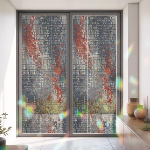 Window Privacy Film Static Cling, Burnt Orange Gray Decorative Stained Glass Window Film for French Doors/Wide Windows, Geometric Modern Industrial Abstract Art 35.4 x 78.7 Inches - Image 3
