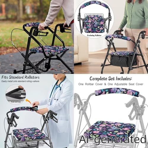 LedBack Flowers Mobility Scooter Accessories for 3 Pcs, Leaves Floral Rollator Walker Seat and Backrest Covers Rollator Walker Storage Basket for Seniors - Image 4