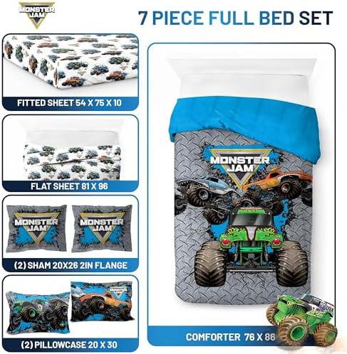 Monster Jam Full Size Comforter Set 7 Piece Kids Bedding for Boys, Gray - Image 3