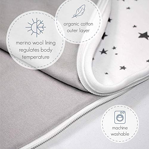 Woolino 4 Season Ultimate Baby Sleep Sack – Merino Wool Baby Sleep Bag, Organic Cotton, Temperature Regulating Wearable Blanket, Adjustable Sleep Sack 2–24 Months, All Season - Star Gray - Image 5