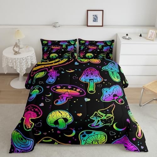 Erosebridal Trippy Mushroom Bedding Set King Purple Teal Mushrooms Comforter for Kids Girls Teens Women Ombre Gradient Stars Galaxy Down Comforter Colorful Botanical Wild Plants Bedding Comforter Set by Erosebridal
