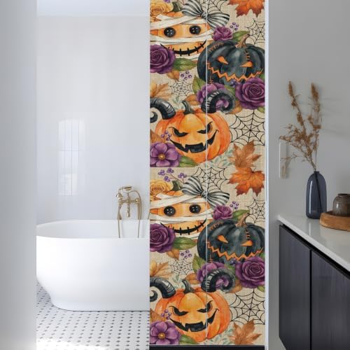Window Privacy Film Frosted, Pumpkins Halloween Reusable Static Cling Window Tints, Black Horror Purple Floral Beige Heat Control Windows Films for Offices, Balcony, 29.5 x 118 Inches - Image 3