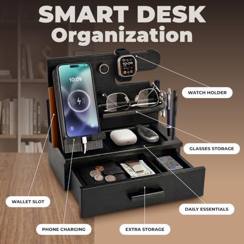 TESLYAR Wood Phone Docking Station with Drawer - Nightstand Organizer for Men, Bedside & Desk Organizer with Key & Watch Hooks - Birthday Gifts for Men, Dad, Husband (Fumed Black) - Image 3