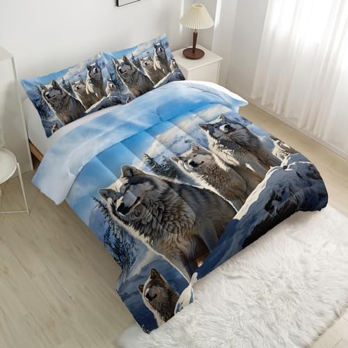 Nttopship Snowy Wolf Comforter Set for Adults 3Pcs,Forest Snow Wolf Theme Full Size Bedding Set Soft Warm for All Season Room Decor with 1 Comforter and 2 Pillow Case - Image 3