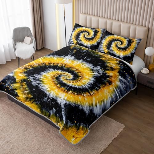 HOSIMA Yellow Abstract Tie Dye Spiral Boho Quilt King with 2 Pillowcases. - Image 2
