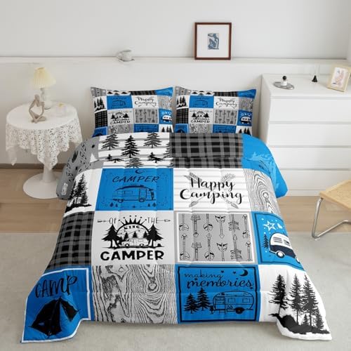 Erosebridal Blue Rv Bedding Set King Rustic Camper Decor Comforter Set Camping Bunk Accessories for Camper Car Rv Comforter for Travel Trailers Country Buffalo Plaid Pine Tree Arrow Bed Set - Image 3