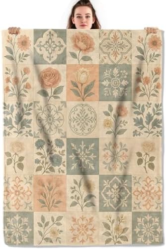 Vintage Floral Patchwork Throw Blanket, Lightweight Warm Elegant Botanical Flannel Blanket, Home Decor and Gifts, Soft Cozy Blankets for Women Mom Girls, 50"x60" for Bed Couch Travel Office by Unknown