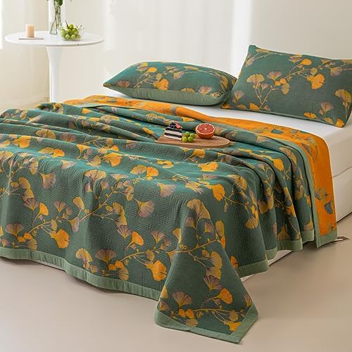 100% Cotton Jacquard Quilt Floral Ginkgo Leaves Print,Soft Muslin Bed Cover 3 Layers Reversible Bedspread Coverlet Breathable Lightweight Bedding,King(98"x94"), No Pillow Sham - Image 3