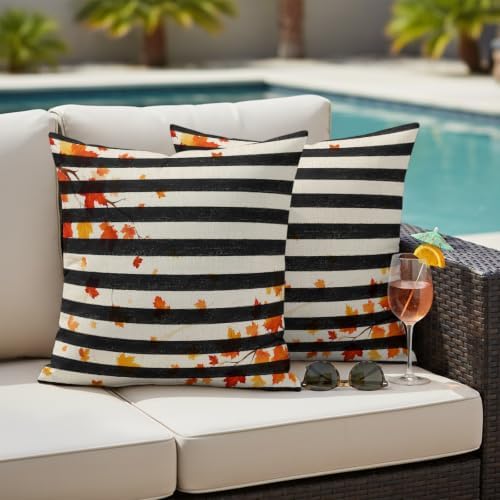 Fall Botanical Waterproof Outdoor Pillow Covers 20''x20'' Set of 2, Autumn Maple Leaf Black Striped Patio Furniture Cushion Covers for Chairs, Decorative Pillow Cases for Garden/Pool/Beach - Image 2