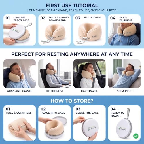 Travel Pillows for Sleeping, Memory Foam Travel Pillow, Firm Travel Pillow with 360° Neck Support, Ice Silk Cotton Cover, Adjustable Traveling Pillow with Carry Case, Beige - Image 6
