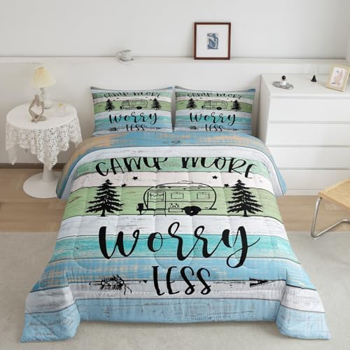 Erosebridal RV King Comforter Set for Camper Bedding Set,Happy Camping Comforter Set Green Blue Camping Quilts Bed Set RV Decorations for Inside Camper Farmhouse Country Decor 3Pcs by Erosebridal