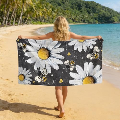 Beach Towel Bag 2 in 1 Daisy Flower Bath Pool Towels Backpack Bee Love Heart Absorbent Beach Towel Soft Quick Dry Lightweight Packable Towels Drawstring Bag for Travel Camping Sports Yoga Gym Picnic - Image 4