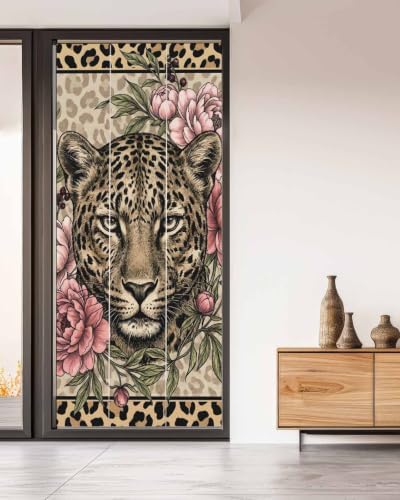 Window Privacy Film Frosted, Leopard Print Non-Adhesive Static Cling Window Tint, Vintage Peony Flower Chic Cheetahs Texture Insulated Windows Frosted Films for Living Room, 35.4 x 78.7 Inches - Image 5