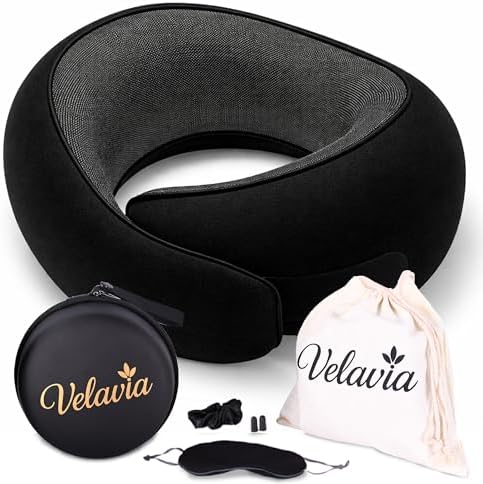 Travel Neck Pillow,Ergonomic 360° Memory Foam Support for Head, Neck. Adjustable for Long Flights. Soft &Washable Cover, EVA Box, 3D Eye Mask, Earplugs, Hair Tie & Luxury Bag (Black) by YourfavoriteTravelpillow