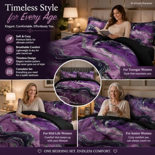 CCoutueChen Black Purple Bedding Twin Size Marble Print Comforter Set - Image 4