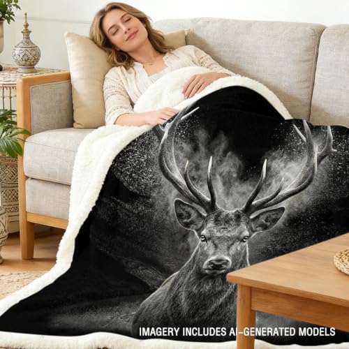 Stag Blanket Rustic Lodge Sherpa Throw for Couch, Masculine Deer Design for Cabin Decor, 60x80 Inches Soft Fuzzy Cozy Animal Black Blanket for Men Living Room - Image 2