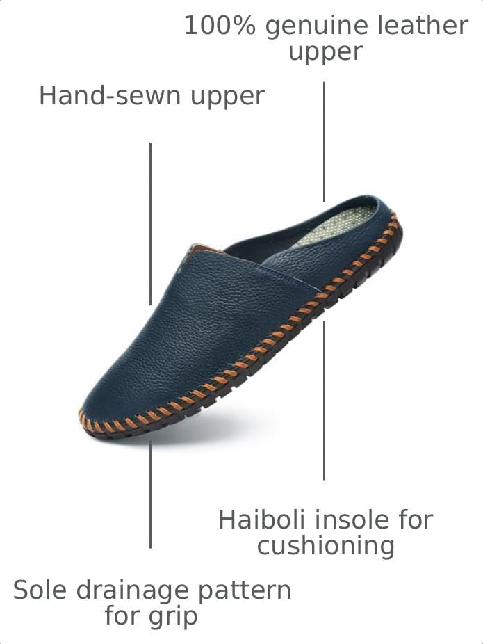 Men’s Slip-On Loafers Mules Clog Handmade Leather Slippers Hand Stitched no-Heel Casual Shoes for Men Breathable Comfortable Soft - Image 3