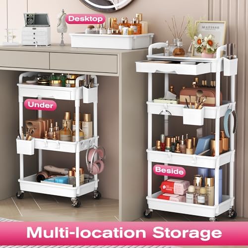 Goovilla Rolling Makeup Organizer Cart with Removable Drawer, 4 Tier White - Image 6