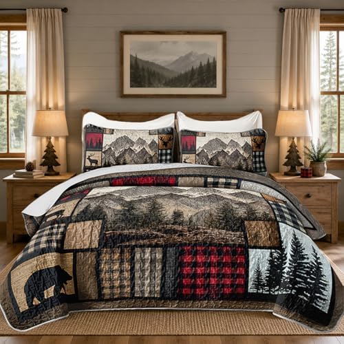 HOSIMA Forest Hunting Plaid Patchwork Quilt Queen Size with 2 Pillowcases. by HOSIMA