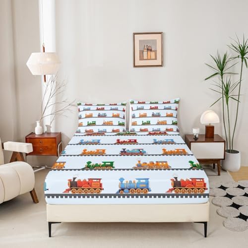 Erosebridal Cartoon Train Fitted Sheet for Boys Girls Kids Cute Steam Engine Twin Bed Sheets,Colorful Vehicles Sheets Locomotive Train Bedding Sets (Light Grey Blue), No Top Sheet - Image 3