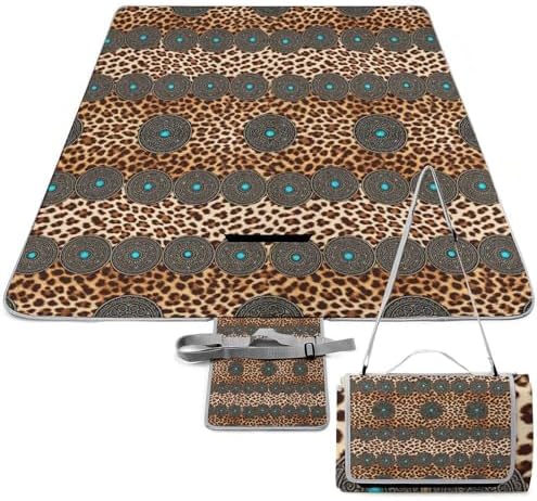 Outdoor Family Beach Picnic Blanket Rustic Brown Teal Western Country Tooled Leather Pattern Waterproof Large Picnic Mat Foldable Sandproof Camping Blanket by Unknown