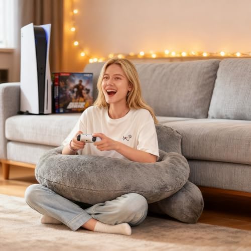 17" Reading Pillow for Bed,U Shaped Arm & Elbow Support,Gray Faux Fur - Image 2