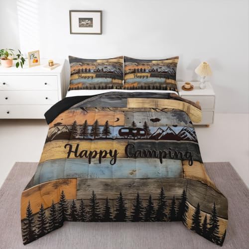 Erosebridal Rv Camper Full Size Comforter Set Happy Camping Bedding Set Rustic Farmhouse Wooden Board Bedding Comforter Sets Mountain Pine Trees Quilt 3 Pcs Blue Brown by Erosebridal