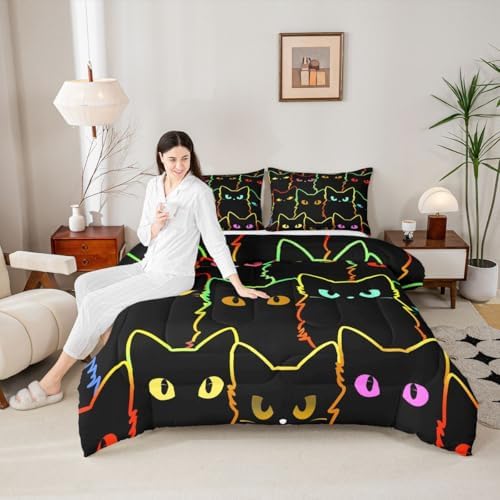 Erosebridal Cat Bedding Sets for Girls & Boys, Gradient Line Cute Cat Comforter Set for Teens & Kids, Animal Quilt Duvet Insert, 2 Pillow Cases, Black - Image 3