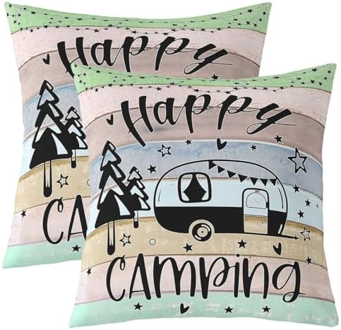 Feelyou Happy Camping Throw Pillow Covers 18"x18" Set of 4 Gifts for RV Owners Camper Decorative Pillow Case Rustic Farmhouse Style Cushion Case RV Decor Outdoor Pillows Covers for Travel Trailers - Image 2