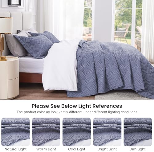 Love's cabin King Size Quilt Bedding Set Bluish Grey Bedspreads - Bed Summer Lightweight Bedspread Comforter - Wave Pattern Bedding Coverlet for All Season - 3 Pieces (1 Quilt, 2 Pillow Shams) - Image 5