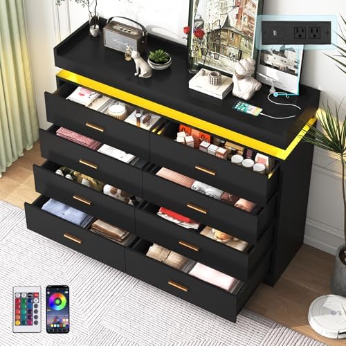 jiteentarou 8 Drawer Dresser with Charging Station and LED Lights, Modern Chest of Drawers with Power Outlet, Organizer Cabinet for Bedroom, Living Room, Black - Image 4