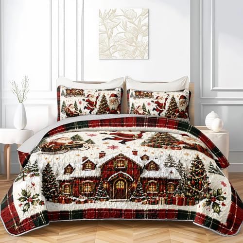 HOSIMA Vintage Christmas Santa Cabin Plaid Quilt Queen with 2 Pillowcases. by HOSIMA