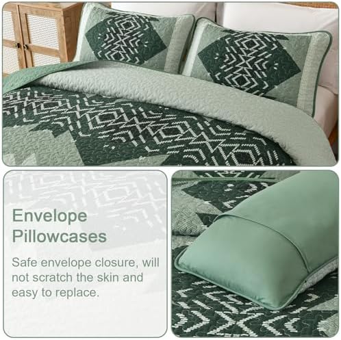 Dintszyayue Green Boho Quilt Set Queen, Aztec Pattern Lightweight Bedspread - Image 7