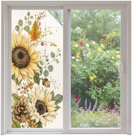 Window Privacy Film Frosted, Pumpkins Sunflower Fall Non-Adhesive Static Cling Window Tint, Thanksgiving Botanical Rustic Insulated Windows Frosted Films for Living Room, 35.4 x 78.7 Inches by Unknown